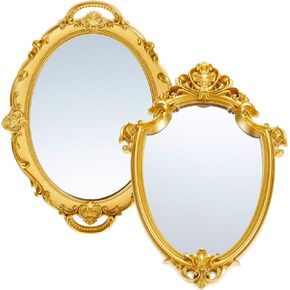 2 Pcs Vintage Gold Mirror Set Including 1 Pcs 16.3 x 11.2 Inch Antique Decorative Wall Mirror Gold Shield Shape 1 Pcs 14.5 x 9.8 Inch Oval Small Retro Hanging Mirror for Bedrooms Bathrooms
