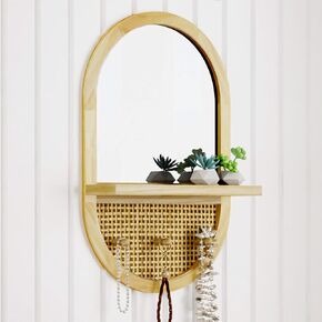Mirror with Hooks, 20x20 Inch Bathroom Mirror with Shelf Entryway Mirror with Hooks Boho Mirror Round Wall Mirror with Shelf and Hooks, Circle Wood Vanity Mirror Decorative for Wall, White