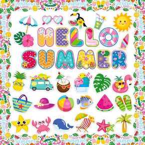 57 Pcs Summer Cutouts Beach Hawaiian Theme Bulletin Board Decoration Tropical Fruits Paper Cut Outs with 100 Pcs Glue Point for School Supplies Classroom Home Party Decor