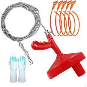 AUSAYE 25 Feet Drain Auger Plumbing Snake with 5 Pack Plastic Sink Snakes, Hair Clog Remover, Home Cleaning Tool for Bathtub Drain,Bathroom Sink, Kitchen and Shower, Drain Cleaning Tool