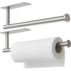 theaoo 2 Packs Paper Towel Holder - Under Cabinet Paper Towel Holder for Kitchen, Adhesive Paper Towel Roll Rack for Bathroom Towel, Wall Mounted Matte Black Paper Towel Rack, SUS304 Stainless Steel