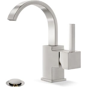 Phiestina Brushed Gold Bathroom Faucet 1 Hole, Waterfall 4 Inch Single Hole or 3 Hole Centerset Vanity Faucet, Swivel 360 Degree with Deck Plate, Pop Up Drain and Water Supply Line, SGF05-BG-5