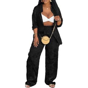 Women's Casual Two Piece Outfits Loose Fit Botton Down Shirt Blouse High Waist Wide Leg Pants With Pocket Sets