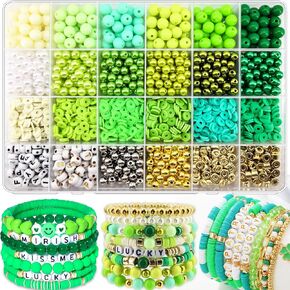2220Pcs Green Assorted Bracelet Making Kit for Bracelets Jewelry Making, Green Clay Beads Pearl Beads Acrylic Round Beads Heishi Beads Letter Spacer Beads Friendship Bracelet Beads Kit for Girls
