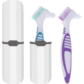 Denture Brush, 2 Pieces False Teeth Toothbrush with White Carrying Case, Multi-Layered Bristles Ergonomic Rubber Handle for False Teeth Cleaning