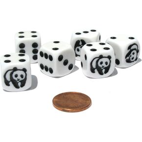 Set of 6 Panda 16mm D6 Round Edged Koplow Animal Dice - White with Black Pips