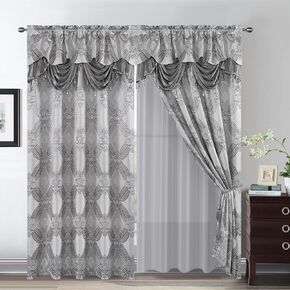 Petrichor Elegance Curtains with Gold Silver Threads 2 Panels Set - Luxury Window Treatment Attached Valance, Sheer Backing, and 2 Tie Backs for Bedroom and Living Room, 54x84 inches, Burgundy