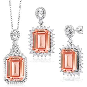 Gem Stone King 925 Sterling Silver Peach Nano Morganite Pendant and Earrings Jewelry Set For Women (20.00 Cttw, Octagon 14X10MM, Gemstone, with 18 Inch Chain)