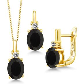 Gem Stone King 18K Yellow Gold Plated Silver Black Onyx and White Diamond Pendant and Earrings Jewelry Set for Women | 4.96 Cttw | Gemstone Birthstone | with 18 Inch Chain