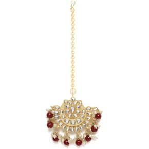 I Jewels 18K Gold Plated Ethnic Matte Finish Traditional Kundan Studded Maang Tikka with Pearls for Women/Girls