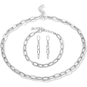 14K Gold Plated Paperclip Alloy Link Chain Choker Necklace Bracelet Earrings Set Punk Oval Dainty Chunky Chain Flat Link Costume Jewelry Set for Women Girls Men Party Gifts Jewelry