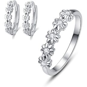 KINGWHYTE S925 Sterling Silver Daisy Flower Jewelry for Women Dainty Earrings and Ring(8#) Set Valentine's Day Birthday Gifts for Girlfriend Wife Mom