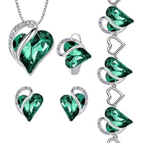 Leafael Infinity Love Heart Necklace, Stud Earrings, Bracelet, and Ring Set, May Birthstone Crystal Jewelry, Silver Tone Gifts for Women, Emerald Green