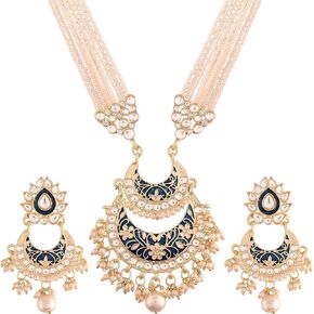 I Jewels 18k Gold Plated Indian Wedding Bollywood Kundan Pearl Studded Long Necklace Set For Women (ML295-98)