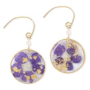 Pressed Flower Handmade Dangle Earrings, Dried Daisy Resin Teardrop Earrings, Decorated with Pearl, Gold Plated Brass, Gift for Women Girls
