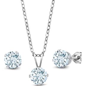 Gem Stone King 925 Sterling Silver Sky Blue Aquamarine Pendant and Earrings Jewelry Set For Women (2.25 Cttw, Gemstone Birthstone, With 18 Inch Chain)