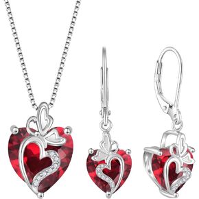 Butterfly Jewelry Set for Women 925 Sterling Silver Ruby July Birthstone Necklace Leverback Earrings Gifts for Wife Girlfriend Mother Daughter