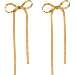 Long Gold Bow Choker Necklace Bracelet Earrings Set for Women Long Chain Bow Dangle Tassel Dangle Earrings Ribbon Tassel Jewelry Bow Necklace Bracelet Earrings Set for Teen Girls