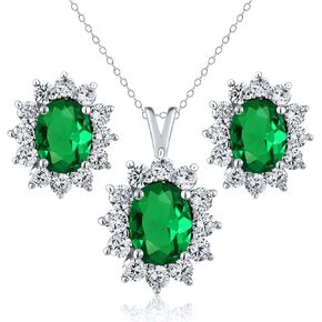 Gem Stone King 925 Sterling Silver Green Nano Emerald Pendant and Earrings Jewelry Set For Women (2.80 Cttw, Gemstone May Birthstone, Oval 8X6MM and 7X5MM, with 18 Inch Silver Chain)