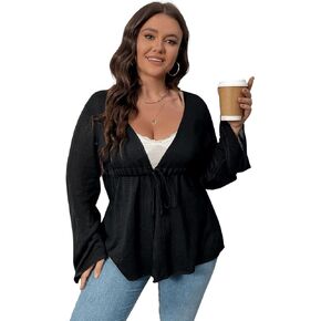 Floerns Women's Plus Size Long Sleeve Drawstring Waist Tie Front Cardigan Sweater
