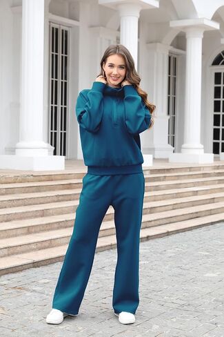 Lounge Women's 2 Piece Outfits Sweatsuit Set Oversized Half Zip Wide Leg Joggers Long Sleeve Tracksuit in Saudi Arabia