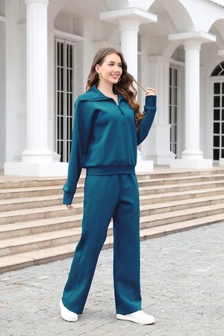 Lounge Women's 2 Piece Outfits Sweatsuit Set Oversized Half Zip Wide Leg Joggers Long Sleeve Tracksuit in Saudi Arabia