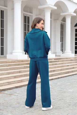 Lounge Women's 2 Piece Outfits Sweatsuit Set Oversized Half Zip Wide Leg Joggers Long Sleeve Tracksuit in Saudi Arabia