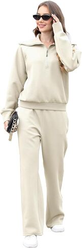 Lounge Women's 2 Piece Outfits Sweatsuit Set Oversized Half Zip Wide Leg Joggers Long Sleeve Tracksuit in Saudi Arabia