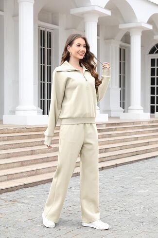 Lounge Women's 2 Piece Outfits Sweatsuit Set Oversized Half Zip Wide Leg Joggers Long Sleeve Tracksuit in Saudi Arabia