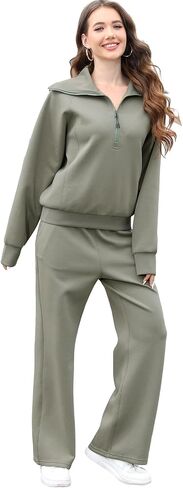 Lounge Women's 2 Piece Outfits Sweatsuit Set Oversized Half Zip Wide Leg Joggers Long Sleeve Tracksuit in Saudi Arabia