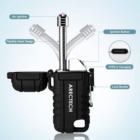 ARECTECH Electric Lighter Rechargeable Arc Lighter, Waterproof Plasma Lighter with Flexible Neck,Windproof Lighter Flameless for Candle Outdoor Camping (Black) in Saudi Arabia