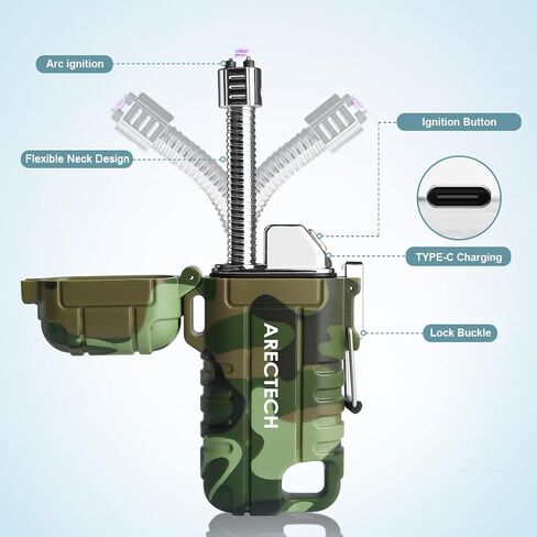 ARECTECH Electric Lighter Rechargeable Arc Lighter, Waterproof Plasma Lighter with Flexible Neck,Windproof Lighter Flameless for Candle Outdoor Camping (Black) in Kuwait
