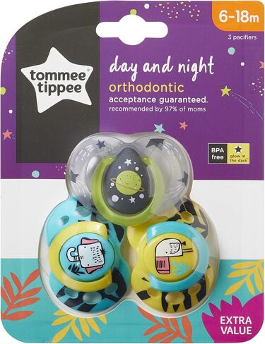 لهايات تومي تيبي ليلاً ونهارًا، تصميم متماثل، لهايات سيليكون خالية من مادة BPA، مقاس 18-36 شهرًا، عدد 3، قد تختلف الألوان والتصميمات in Kuwait