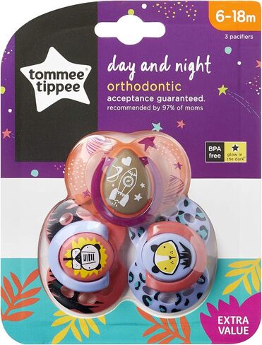 لهايات تومي تيبي ليلاً ونهارًا، تصميم متماثل، لهايات سيليكون خالية من مادة BPA، مقاس 18-36 شهرًا، عدد 3، قد تختلف الألوان والتصميمات in Kuwait