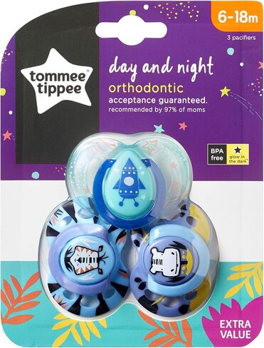 لهايات تومي تيبي ليلاً ونهارًا، تصميم متماثل، لهايات سيليكون خالية من مادة BPA، مقاس 18-36 شهرًا، عدد 3، قد تختلف الألوان والتصميمات in Kuwait