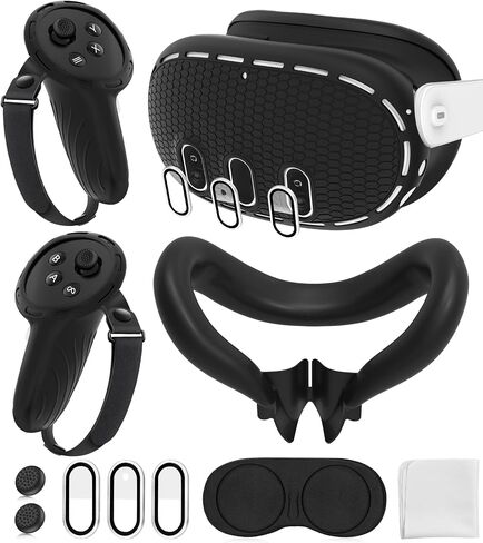 Silicone Cover Set Compatible with Oculus/Meta Quest 3 Accessories, Touch Controller Grips Cover, VR Shell Cover, Facial Interface Cover, Protective Lens Cover, Tempered Glass Lens Caps (Black) in Kuwait