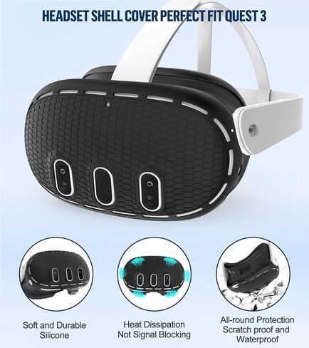 Silicone Cover Set Compatible with Oculus/Meta Quest 3 Accessories, Touch Controller Grips Cover, VR Shell Cover, Facial Interface Cover, Protective Lens Cover, Tempered Glass Lens Caps (Black) in Kuwait