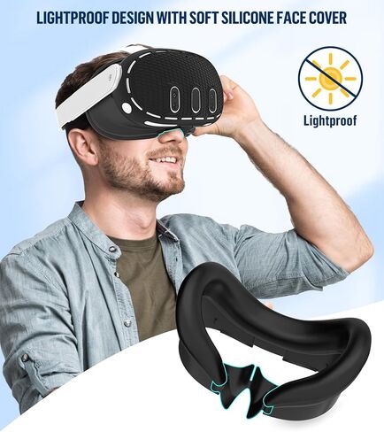Silicone Cover Set Compatible with Oculus/Meta Quest 3 Accessories, Touch Controller Grips Cover, VR Shell Cover, Facial Interface Cover, Protective Lens Cover, Tempered Glass Lens Caps (Black) in Kuwait