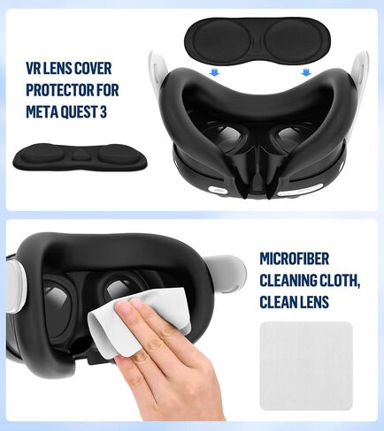 Silicone Cover Set Compatible with Oculus/Meta Quest 3 Accessories, Touch Controller Grips Cover, VR Shell Cover, Facial Interface Cover, Protective Lens Cover, Tempered Glass Lens Caps (Black) in Kuwait