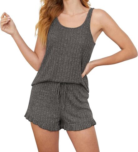 طقم بيجامة للنساء قطعتين ملابس صيفية Pj مضلعة متماسكة قميص بدون أكمام ومجموعة شورت صالة in Kuwait