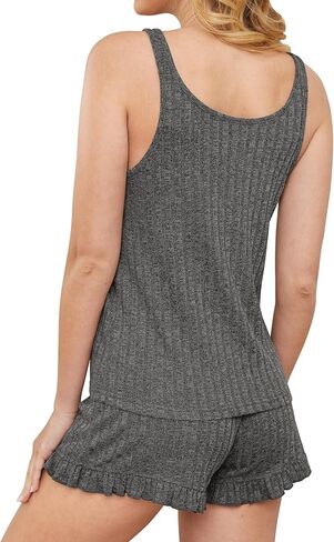 طقم بيجامة للنساء قطعتين ملابس صيفية Pj مضلعة متماسكة قميص بدون أكمام ومجموعة شورت صالة in Kuwait