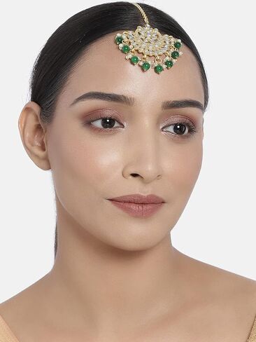 I Jewels 18K Gold Plated Ethnic Matte Finish Traditional Kundan Studded Maang Tikka with Pearls for Women/Girls in Saudi Arabia