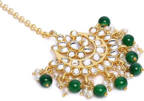 I Jewels 18K Gold Plated Ethnic Matte Finish Traditional Kundan Studded Maang Tikka with Pearls for Women/Girls in Saudi Arabia