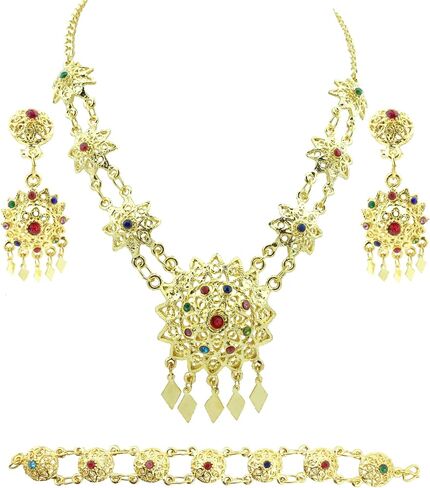 Thai Traditional Gold Plated Multicolor Crystals Necklace Earrings Bracelet Jewelry Set 18 Inches in Saudi Arabia