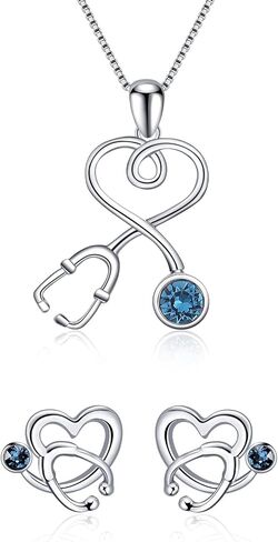 AOBOCO Sterling Silver Stethoscope Jewelry Nurse Necklace and Earrings Set with Blue Birthstone Crystals from Austria, Medical Student RN Registered Nurse Gifts for Women in Saudi Arabia