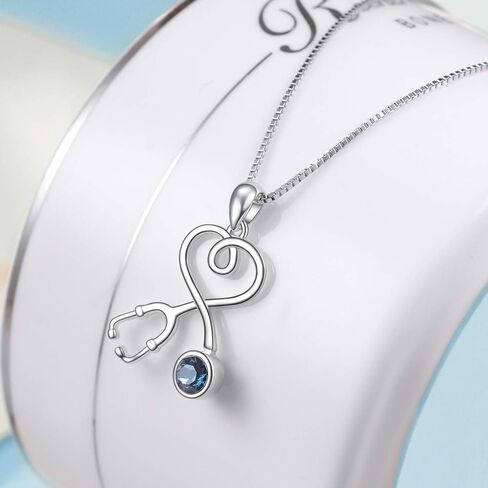 AOBOCO Sterling Silver Stethoscope Jewelry Nurse Necklace and Earrings Set with Blue Birthstone Crystals from Austria, Medical Student RN Registered Nurse Gifts for Women in Saudi Arabia