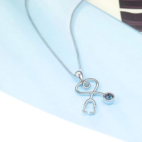 AOBOCO Sterling Silver Stethoscope Jewelry Nurse Necklace and Earrings Set with Blue Birthstone Crystals from Austria, Medical Student RN Registered Nurse Gifts for Women in Saudi Arabia