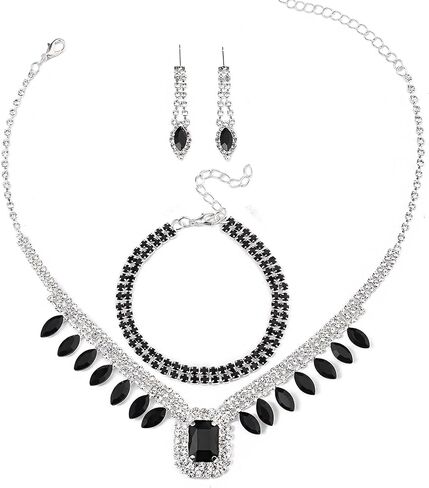 مجموعة مجوهرات نسائية قلادة من الكريستال الأسود وأقراط وسوار مجوهرات الزفاف وقلادة من حجر الراين للحفلات in Kuwait