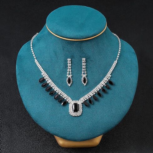 مجموعة مجوهرات نسائية قلادة من الكريستال الأسود وأقراط وسوار مجوهرات الزفاف وقلادة من حجر الراين للحفلات in Kuwait