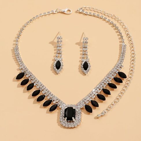 مجموعة مجوهرات نسائية قلادة من الكريستال الأسود وأقراط وسوار مجوهرات الزفاف وقلادة من حجر الراين للحفلات in Kuwait
